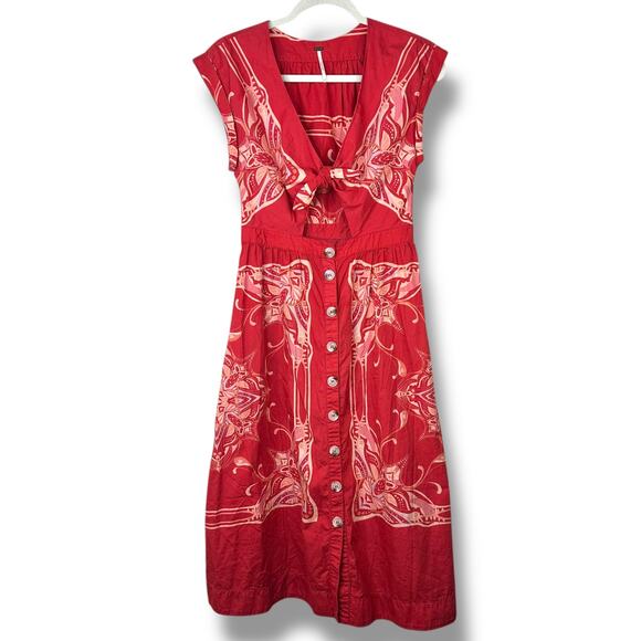 Free People Linvilla Red Bandana Button Knot Tie Front Midi Cap Sleeve Dress - Picture 3 of 9